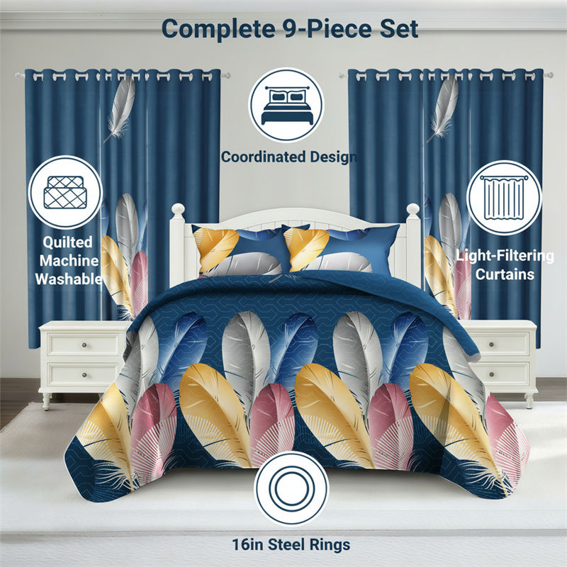 9 Piece Room In A Bag Quilt And Curtain Set, US Designer Navy Blue Boho Feather Print Heavyweight Bedspread With 6 Customizable Window Panels, Pet-Friendly High GSM Coverlet