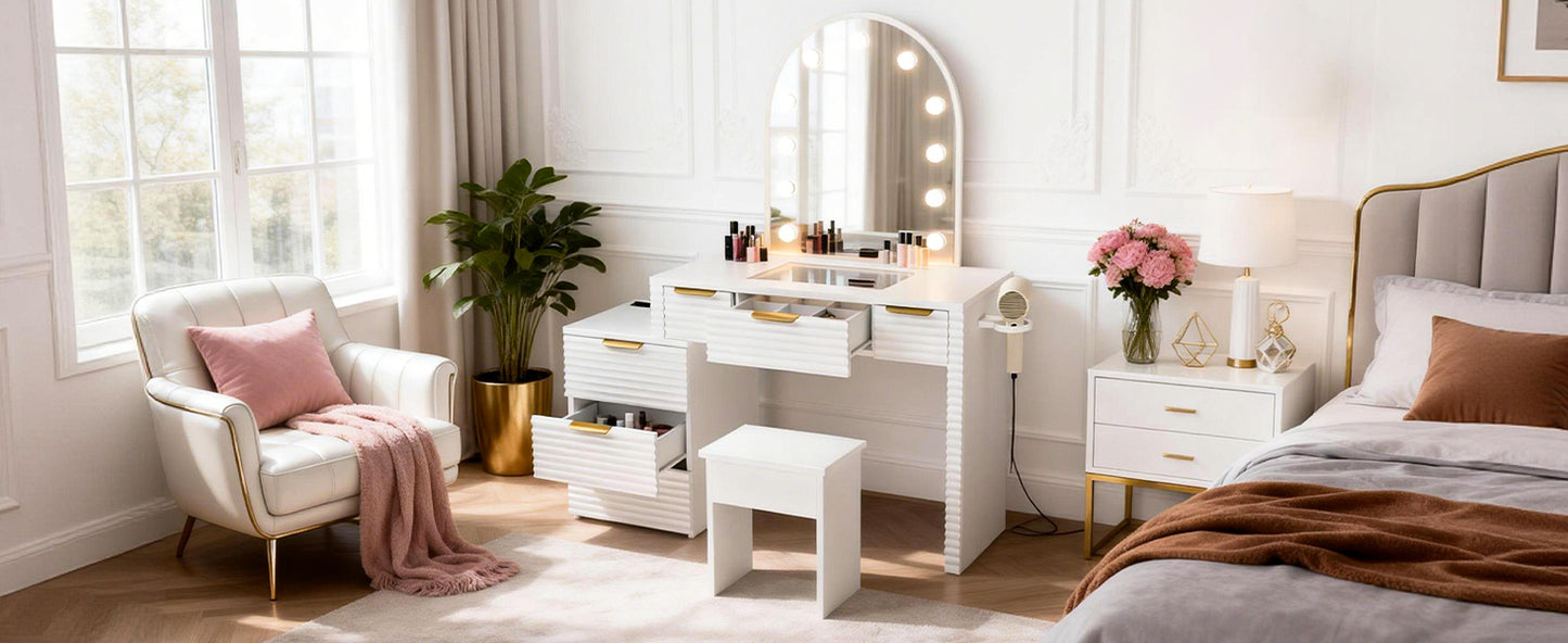 Makeup Vanity Desk With Mirror Lights Glass Tabletop 3 Lighting Modes Adjustable Vanity Table Modern Makeup Desk With Chair Power Outlet And 6 Drawers For Bedroom