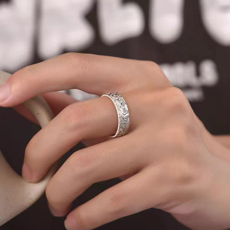 1 Pair 999.9 Sterling Silver Vintage Cloud Open Couple Rings, Retro Chinese Style, Perfect For Daily Wear & Valentine's Day Gift