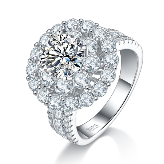 S925 Sterling Silver 2ct Moissanite Ring, 8mm D-VVS1 Double Halo Pave Band, Platinum Plated US Sizes 5-9 GRA Certified Gift Box