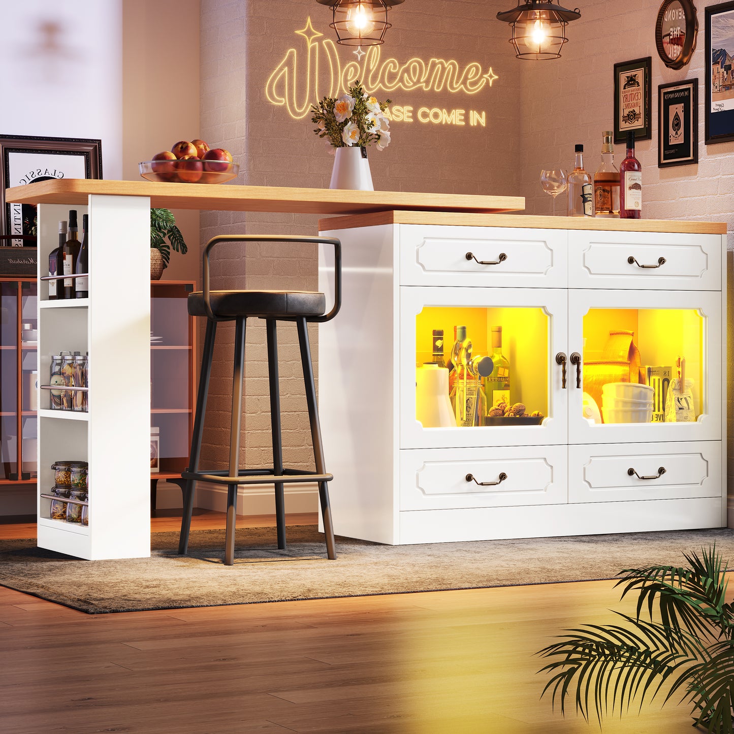 360 Rotating Kitchen Island Bar Table With App Controlled LED Lights, Buffet Sideboard With 4 Drawers & Glass Cabinet, Multifunctional Dining Work Desk For Living Room & Kitchen