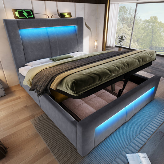 Single Bed 90x200 Cm With Storage, Hydraulic Bed, LED Lighting With App Control, USB & Type-C Charging Ports, Velvet, Headboard With Curved Design, Grey, Without Mattress