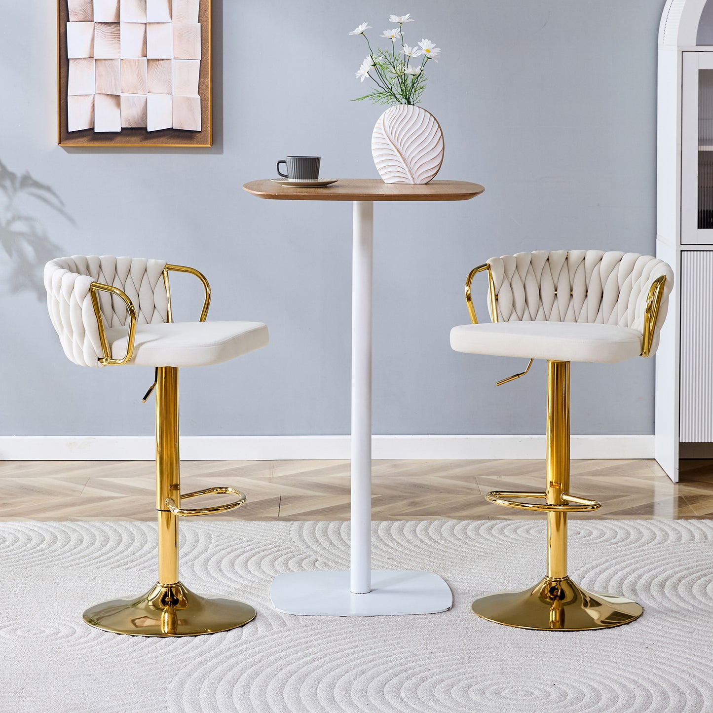 Set Of 2 Modern Luxury Velvet Braided Bar Stool With Adjustable Height, Gold Metal Base & Woven Rope Backrest, Upholstered Swivel Bar Chair For Kitchen Island Or Home Bar-Beige