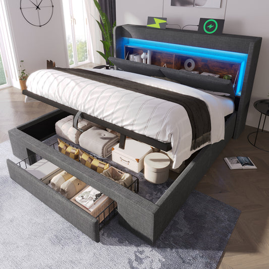 Upholstered Bed 180x200 Cm With Hydraulic Storage And Headboard With Storage Compartment, LED Lighting And USB & USB-C Port, Wooden Slatted Bed Frame, Grey, Linen, Without Mattress