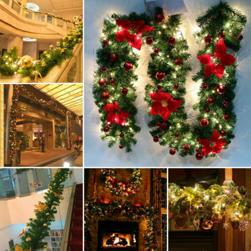 9FT Xmas Christmas Garland Artificial Wreath With LED Lights Stairs Home Rattan Red
