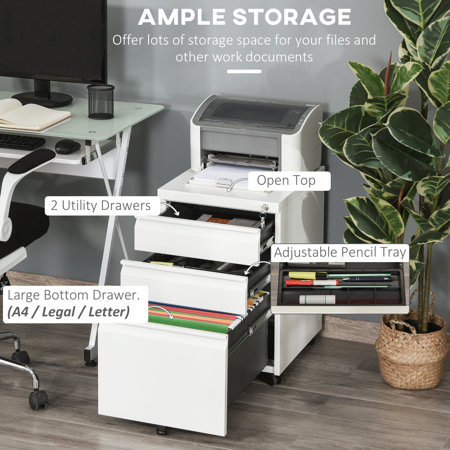 Vinsetto 3 Drawer Filling Cabinet, Mobile Metal File Cabinet With Anti-tilt Design For Letter, A4, Legal Size, White