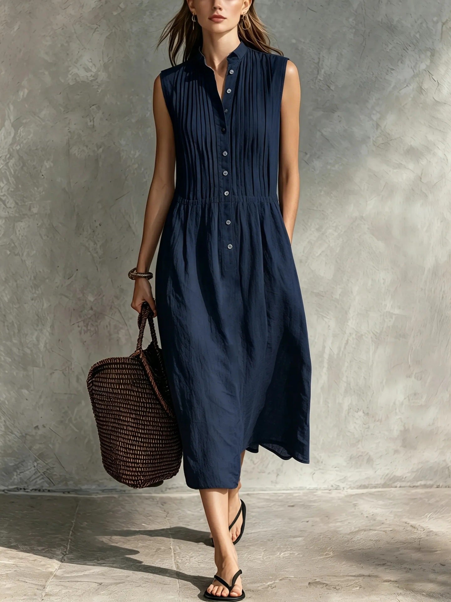 Womens Fashion Simple And Elegant Sleeveless Single-breasted Dress