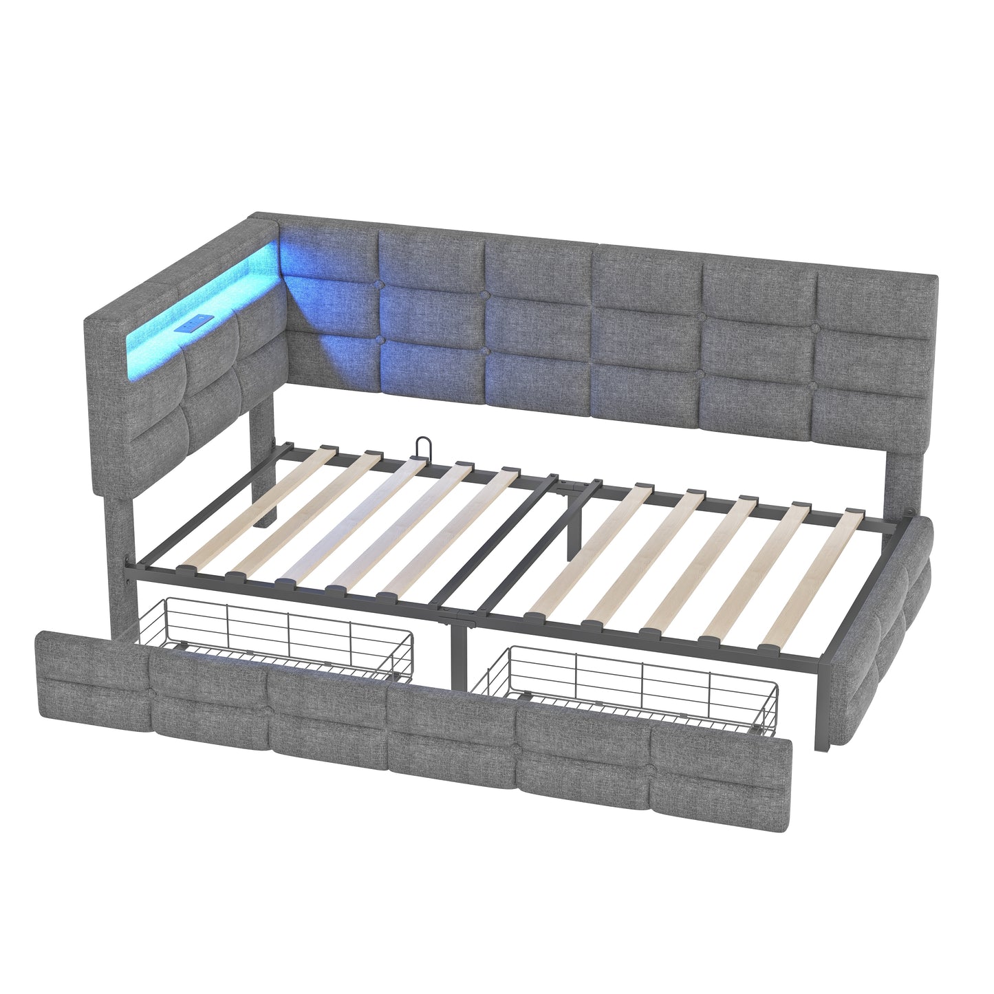 Upholstered Twin Size Daybed With Storage 2 Drawers And Charging Station, Day Bed Frame With LED Lights And Storage Headboard, No Box-Spring Needed, Gray