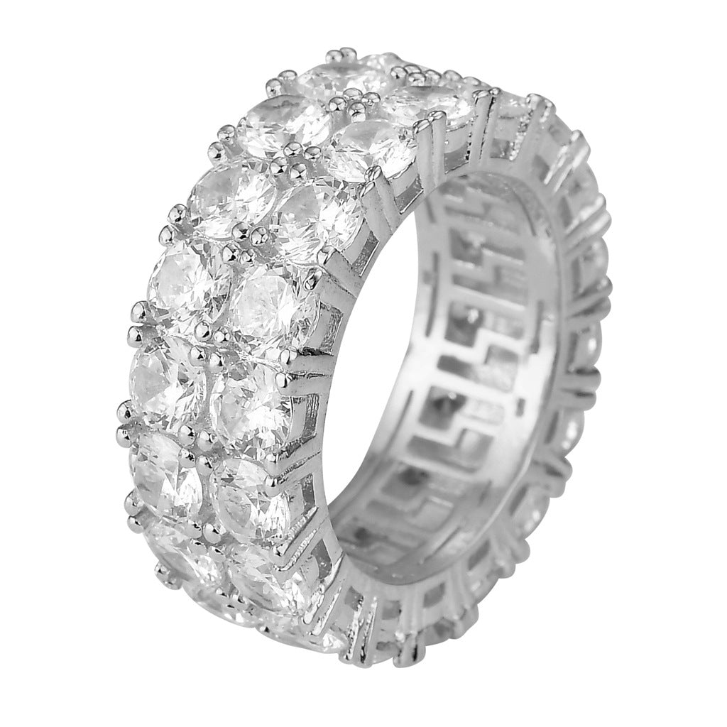Hip-Hop Ring Cross-Border European And American Trendy Brand Men's Hip-Hop Ring Micro-Paved Zircon Double Row Zircon Ring Ring Accessories