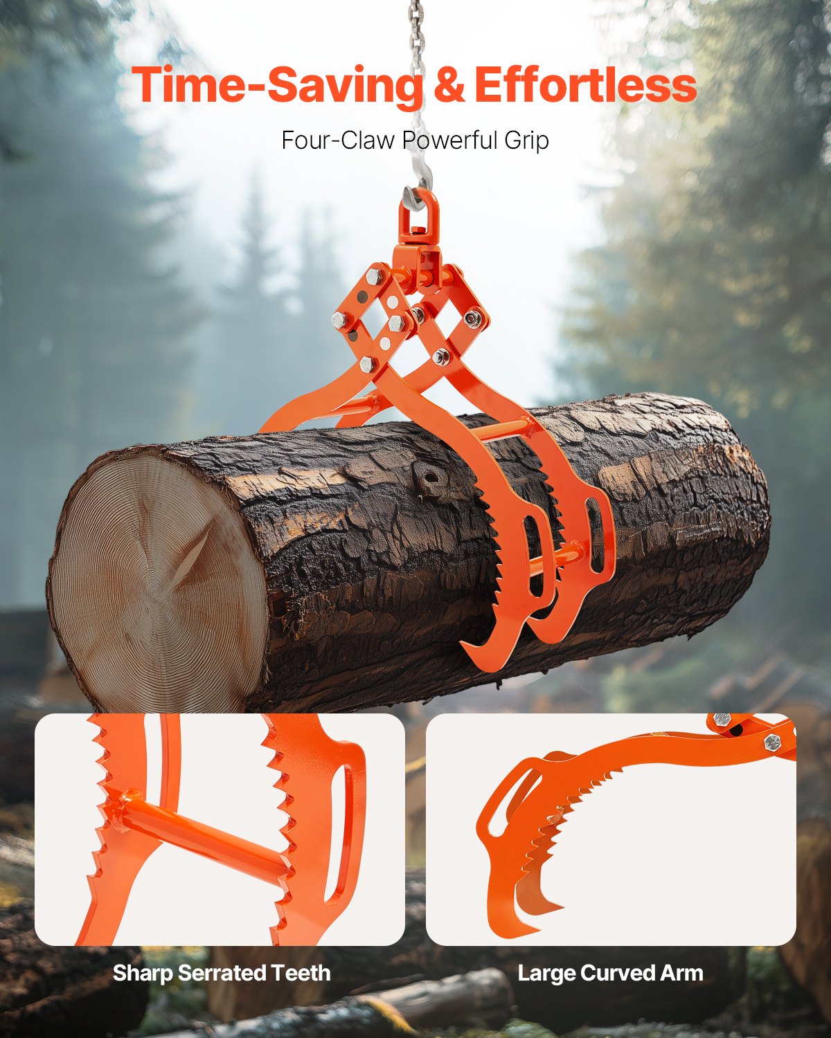 32in Log Lifting Tongs 4 Claw Solid Steel Log Grapple Swivel Log Tools