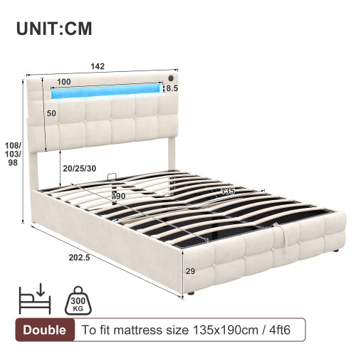 4ft6 Double Upholstered Bed Frame With Hydraulic Storage, Velvet Ottoman Bed With LED Lighting And Charging Station, Double Bed With Adjustable Button Tufted Headboard, Beige