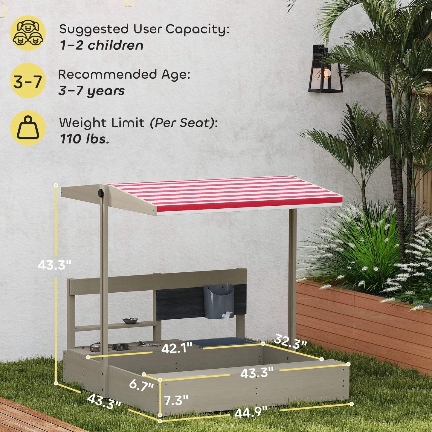 Kids Sandbox with Height Adjustable Canopy, Wooden Sandbox Backyard Toy with Kitchen Playset Accessories, Outdoor Activity Gift for Girls and Boys, Ages 3-7