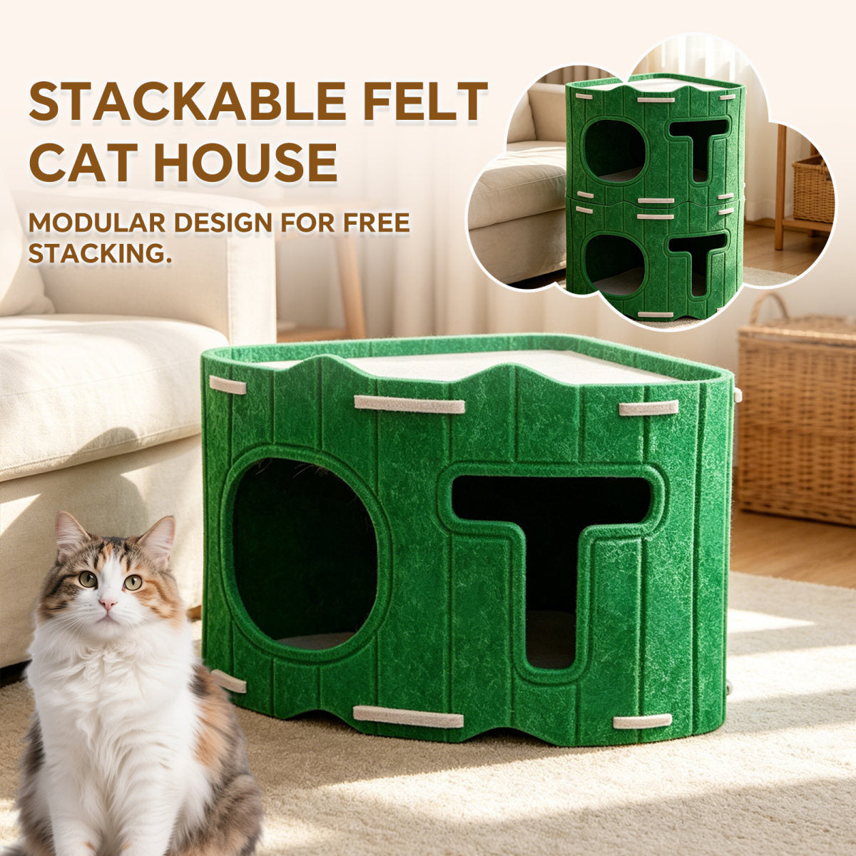 Modular Stackable Felt Cat House Detachable Cat Cave, Free Combination Indoor Pet Hideout Box, Sturdy Felt Cat Shelter For Multi-Cat Family
