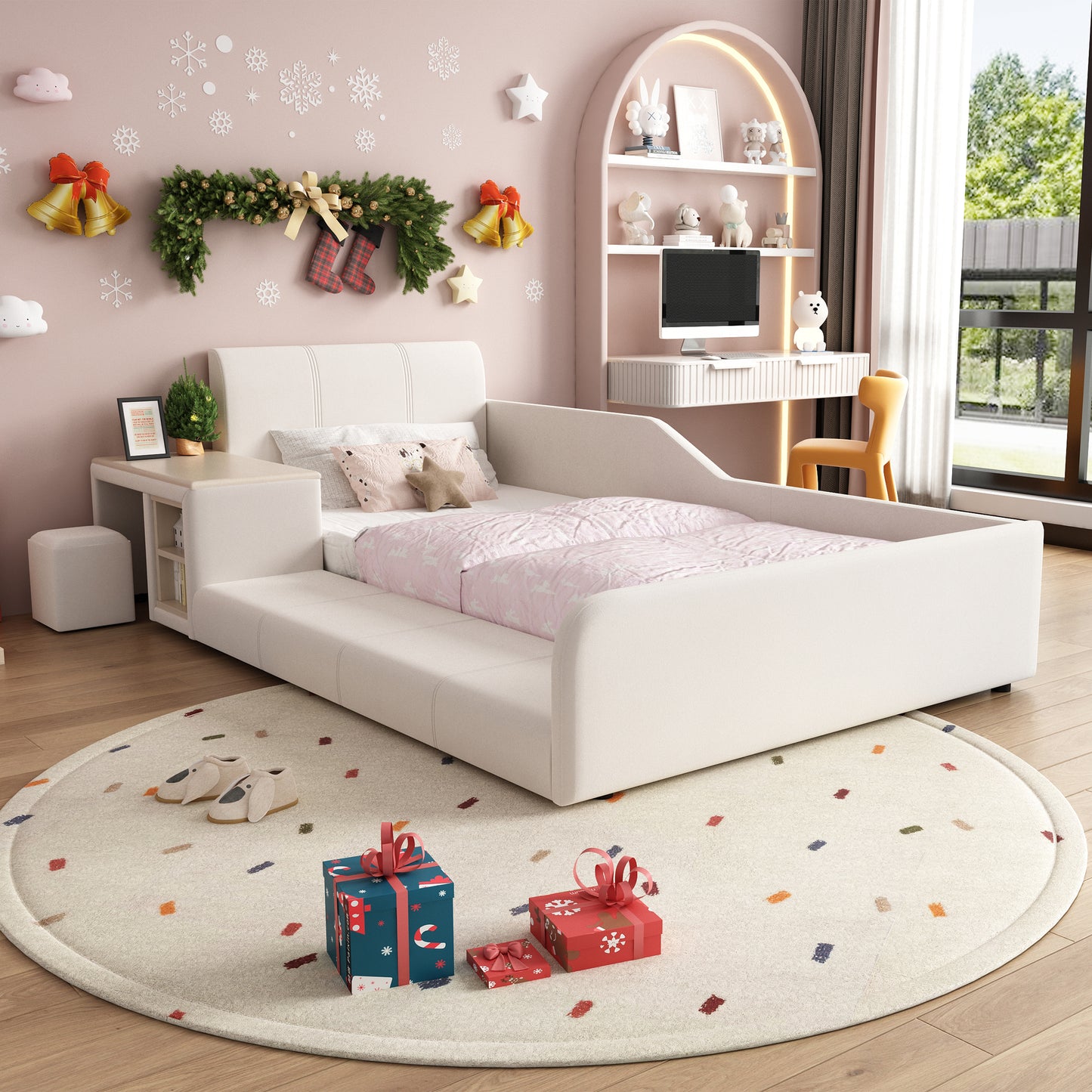 Upholstered Bed, Single Bed With Children's Desk And Stool, With Shelf, Soft Headboard, Children's Bed With Wooden Slats, Velvet, White, 90x200cm