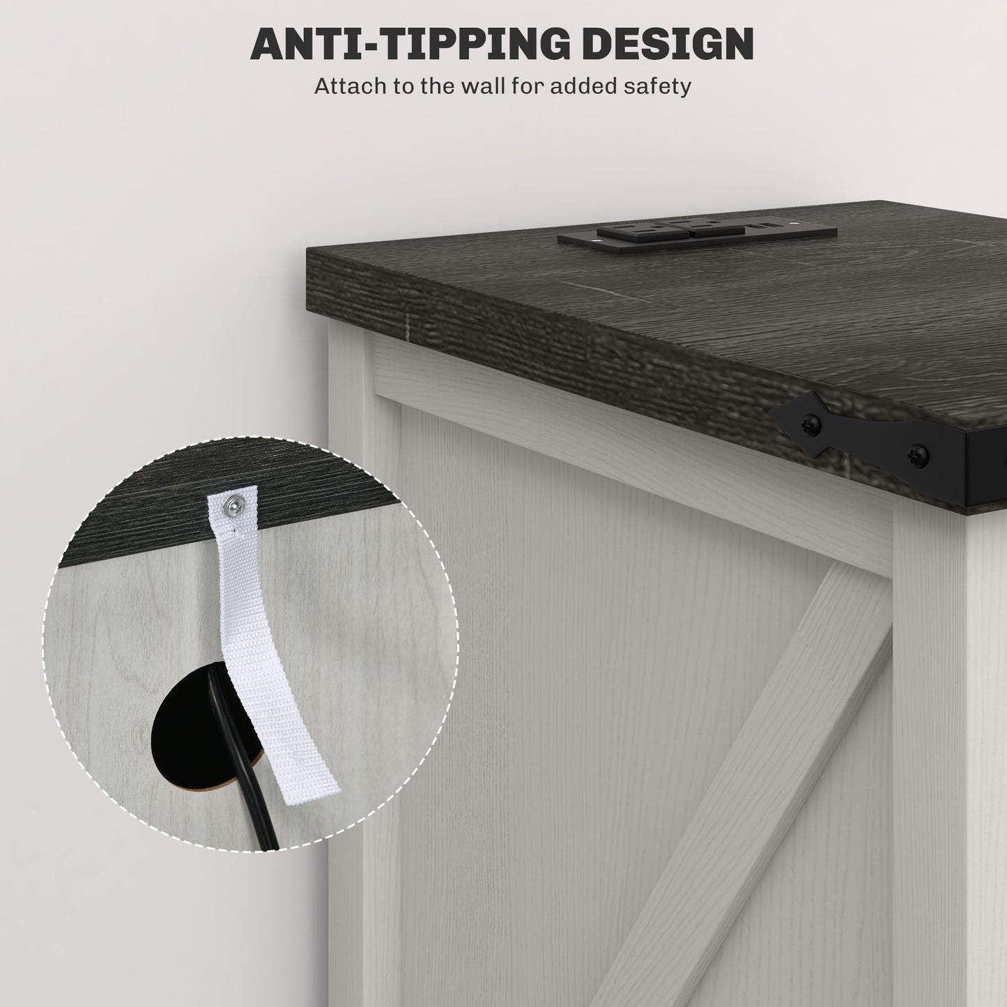 Farmhouse End Table with Storage, Side Table with Charging Station and USB Ports for Living Room, Distressed White