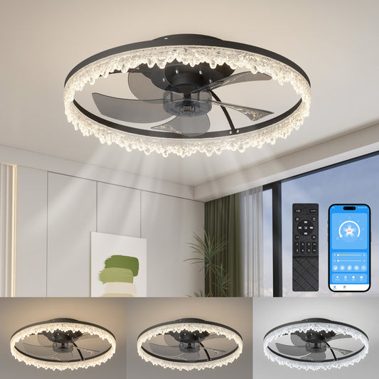 Smart Flush Mount Ceiling Fan With Light-20-inch Integrated LED Chandelier With 5 Invisible Blades, Remote Control & Timer, Dimmable Lighting, Ultra-Quiet Operation For Bedroom, Living Room, And Din