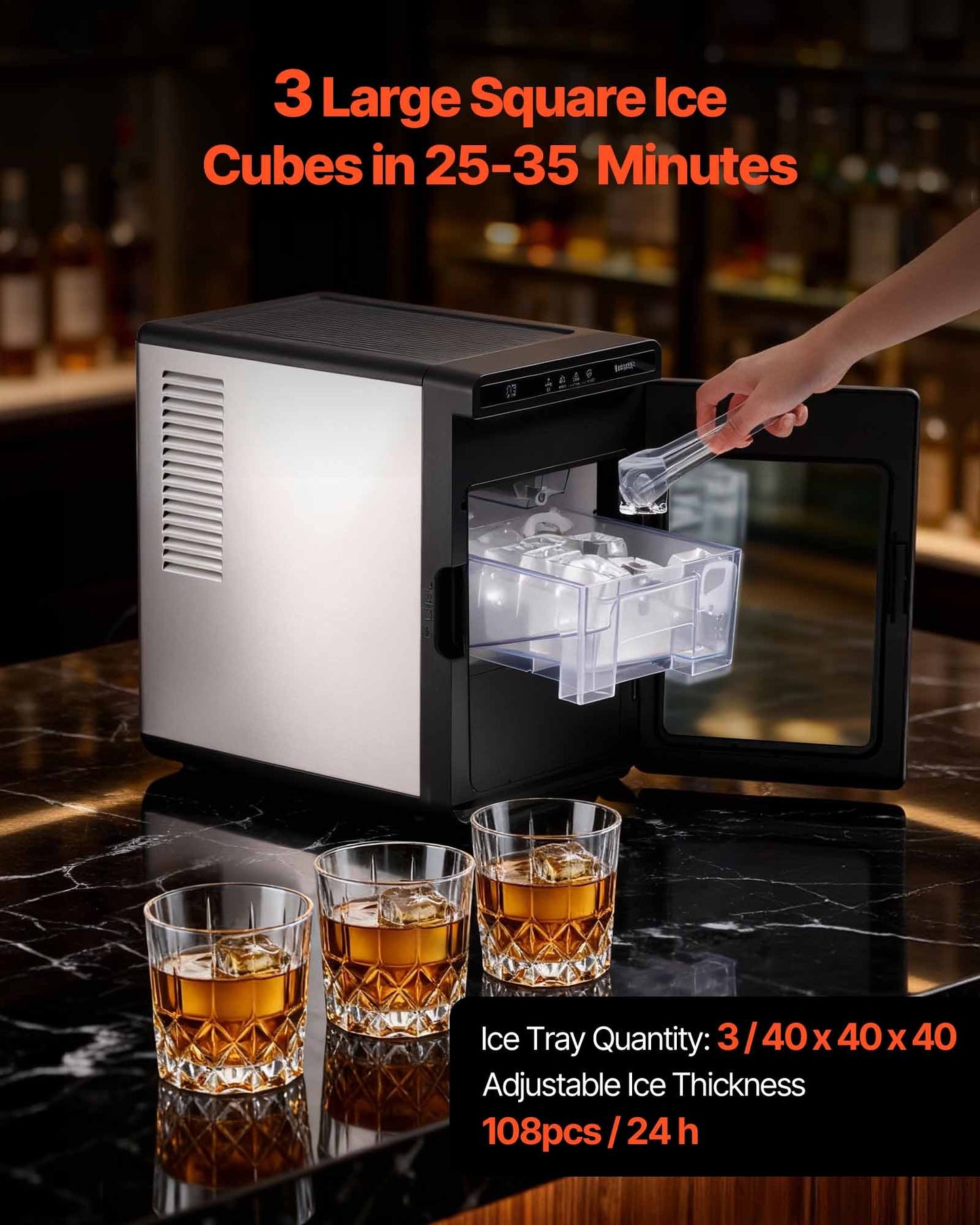 Countertop Ice Maker, 22 Lbs Per Day, Self-Cleaning Portable Machine With Tong, Drawer-Style Ice Access, Ice-Making Machine With Large Square Cubes, For Home, Kitchen, Office, Bar & Party