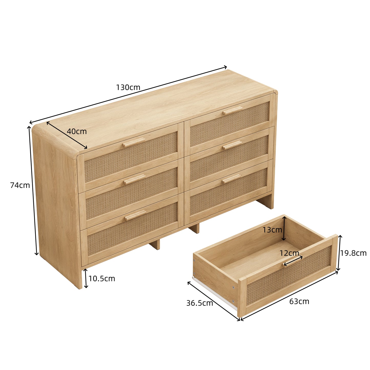 130CM  Shaped Corner Rattan Cabinet, 6-Drawers Rattan Storage Cabinet Rattan Drawer, For Living Room Bedroom,and Kitchen, Natural