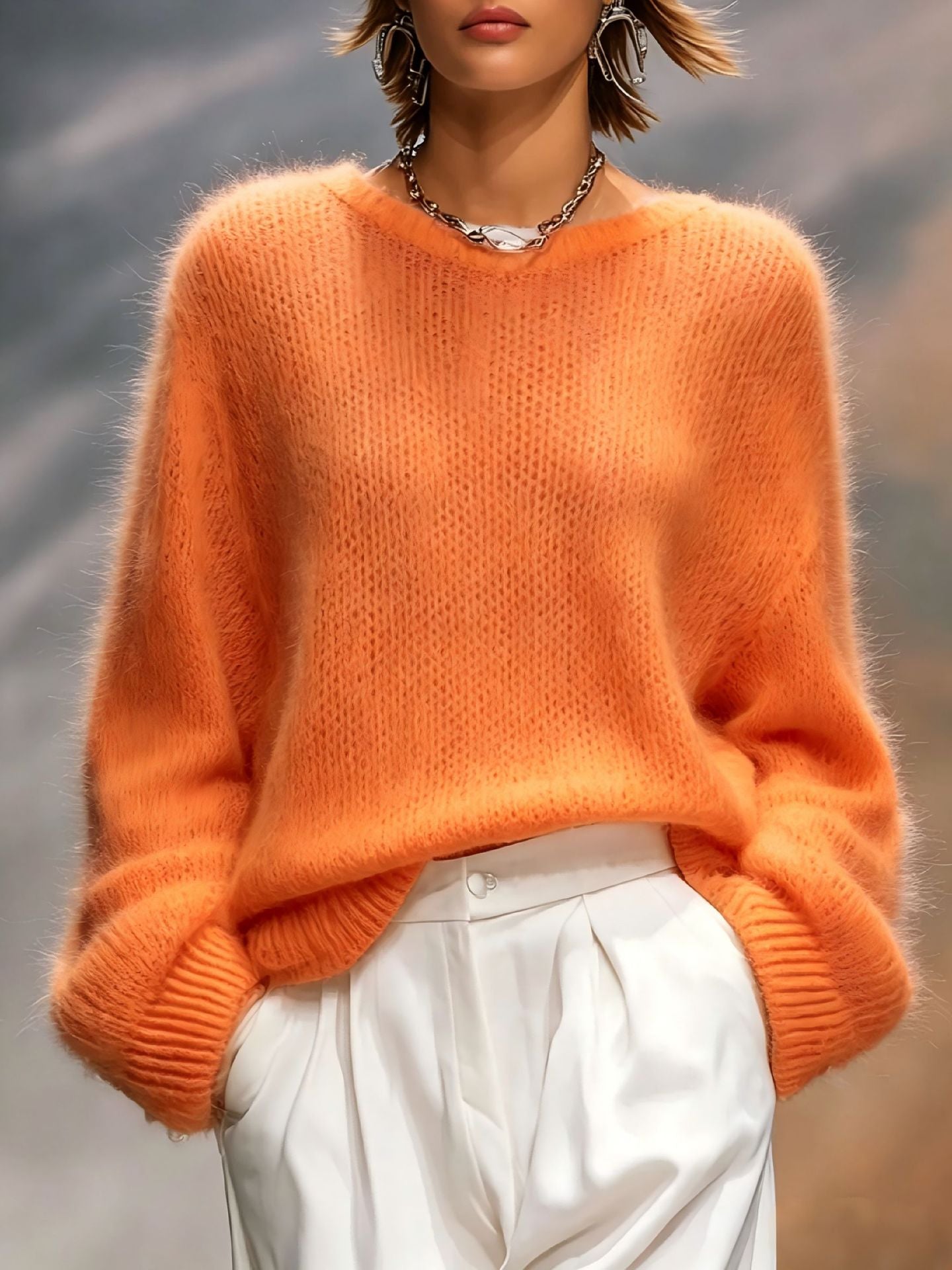New Autumn Winter Relaxed-style Elegant Solid-color Crew-neck Loose-fit Womens Pullover