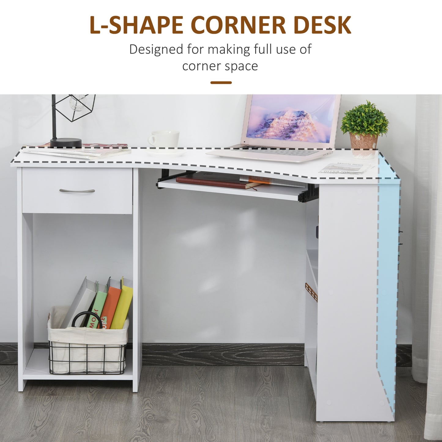 L-Shaped Corner Computer Desk W/ 2 Shelves Wide Worktop Keyboard Tray Drawer & CPU Stand Home Office Study Bedroom Furniture White