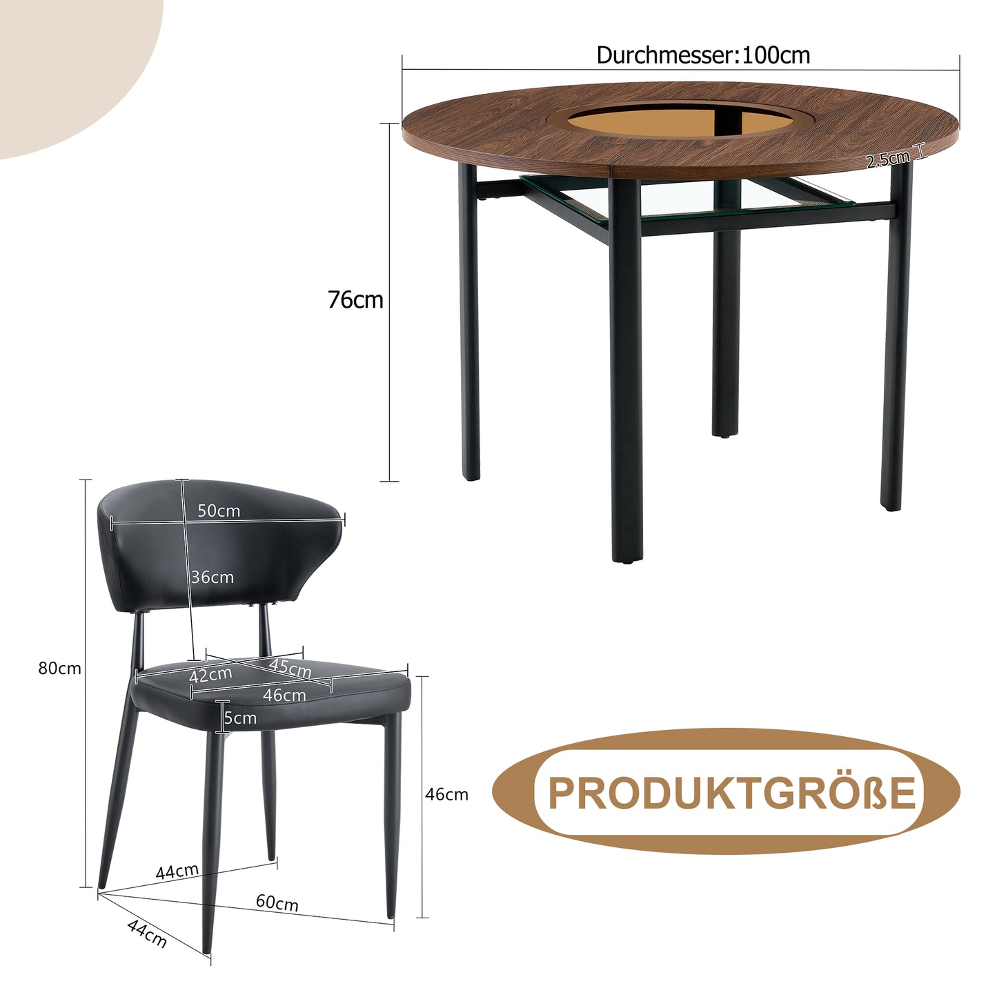 Modern Minimalist Round Table Set  With 2 Black Armchairs Made Of PU Material With Curved Backrest , Round Table With 100 Cm Diameter In Wood Look, Suitable For Dining Room & Kitchen.