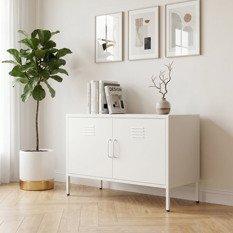 White 2-Door Wide Metal Storage Cabinet W Legs & Vent, Low Side Cupboard For Home Office Dining Living Room