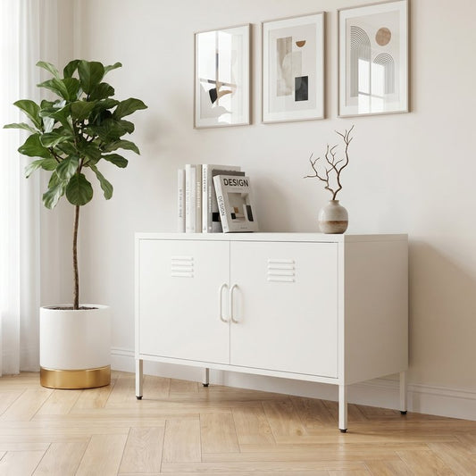 White 2-Door Wide Metal Storage Cabinet W Legs & Vent, Low Side Cupboard For Home Office Dining Living Room