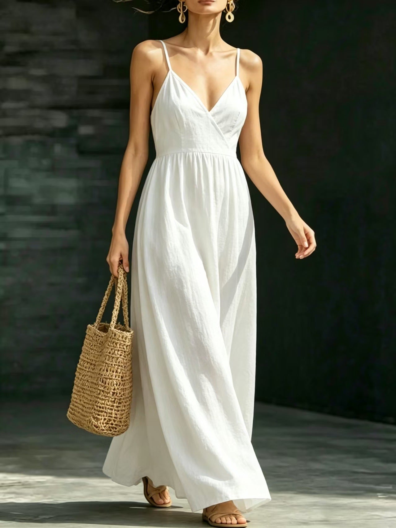 Summer V-Neck Spaghetti Strap Maxi Dress With Pockets - Elegant Vacation & Office Wear For Women