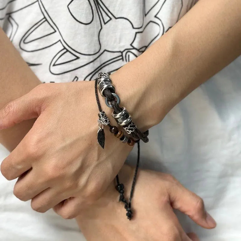 1pcs Double Layer Braided Leather Wooden Bead Leaf Charm Bracelet, Vintage Boho Ethnic Style, For Men Women Daily Outdoor Wear & Couple Holiday Gifts