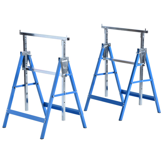 Set Of 2 Adjustable Telescopic Builders Trestle, DIY Steel Work Bench Carpenter, Folding Saw Horse Tools Blue
