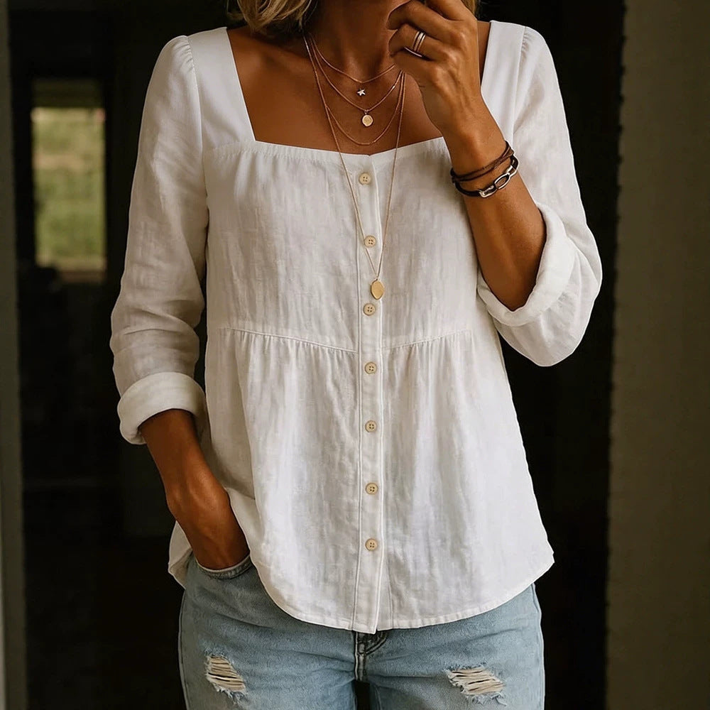 Womens Fashion Solid-color Long-sleeve Square-neck Button-up Shirt