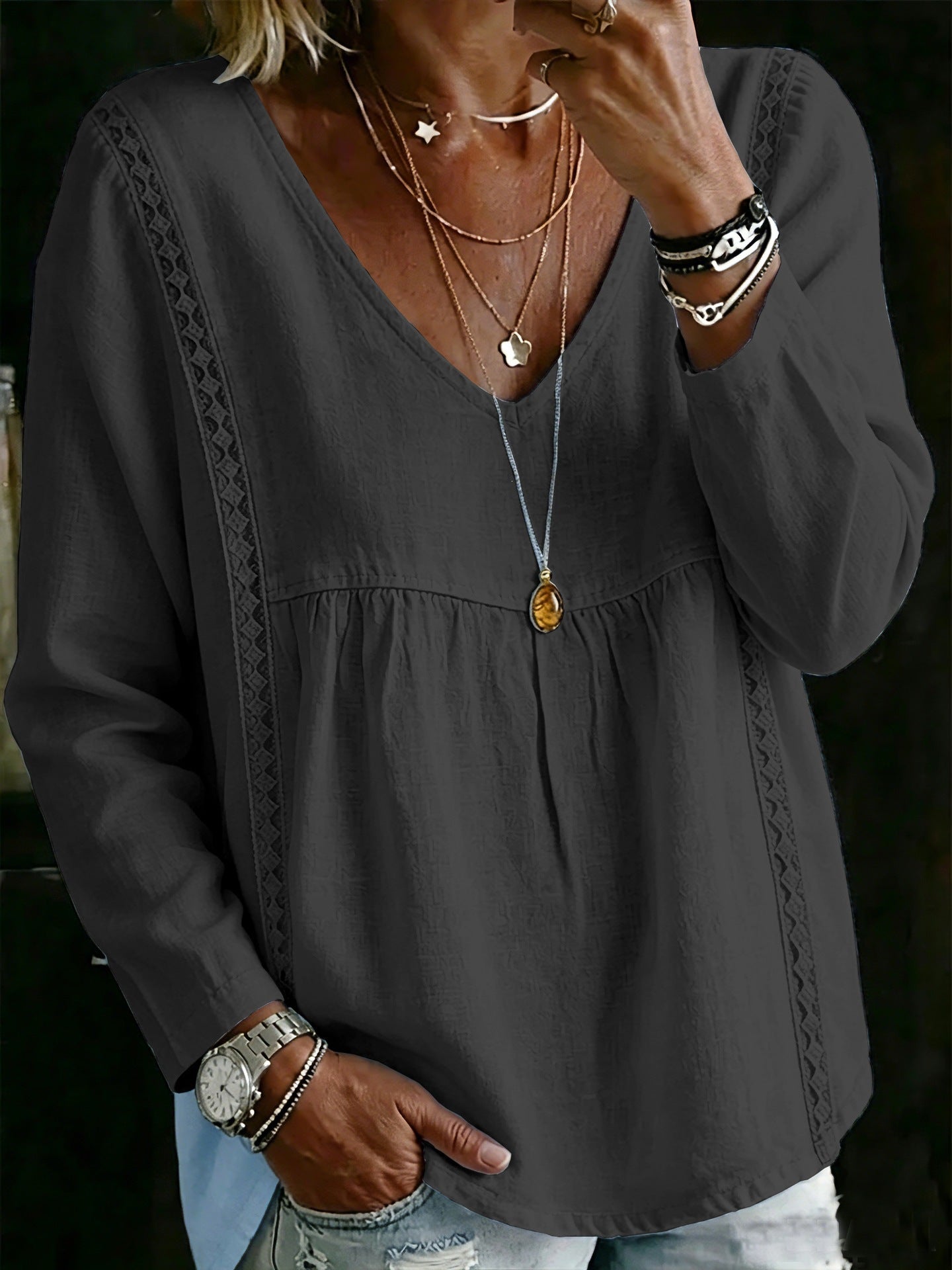 New Womens Lace-trimmed V-neck Pullover In Solid Color With Long Sleeves