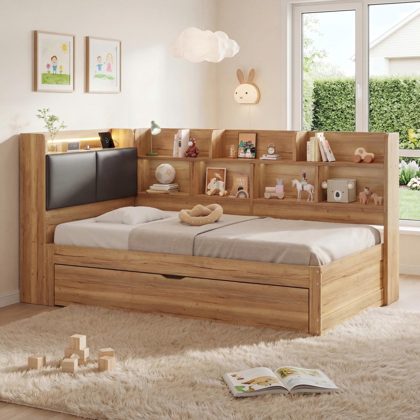 Children's Bed, Storage Bed 90x200 With LED Lighting, USB Charging Ports And Pull-out Bed 90x190cm, Daybed, L-shaped Wooden Bed, Daybed With Shelves, Natural Colour