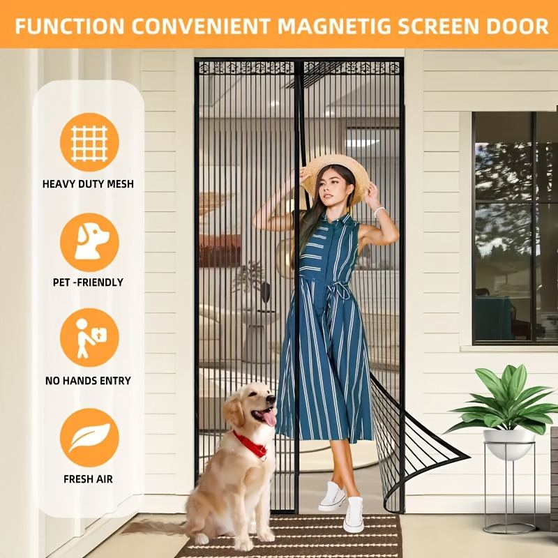 Black Hands-free Magnetic Door Curtain, Breathable And Mosquito-proof For Summer, Self-adhesive With No Tools Needed, Automatic Magnetic Closure, Pet-friendly, Ideal For Living Room, Bedroom, Balcony