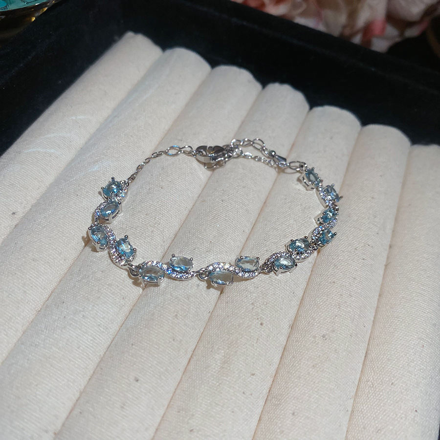 Crushed Ice Blue Cubic Zirconia Bracelet K-fashion Durable Bangle Fade Resistant Premium