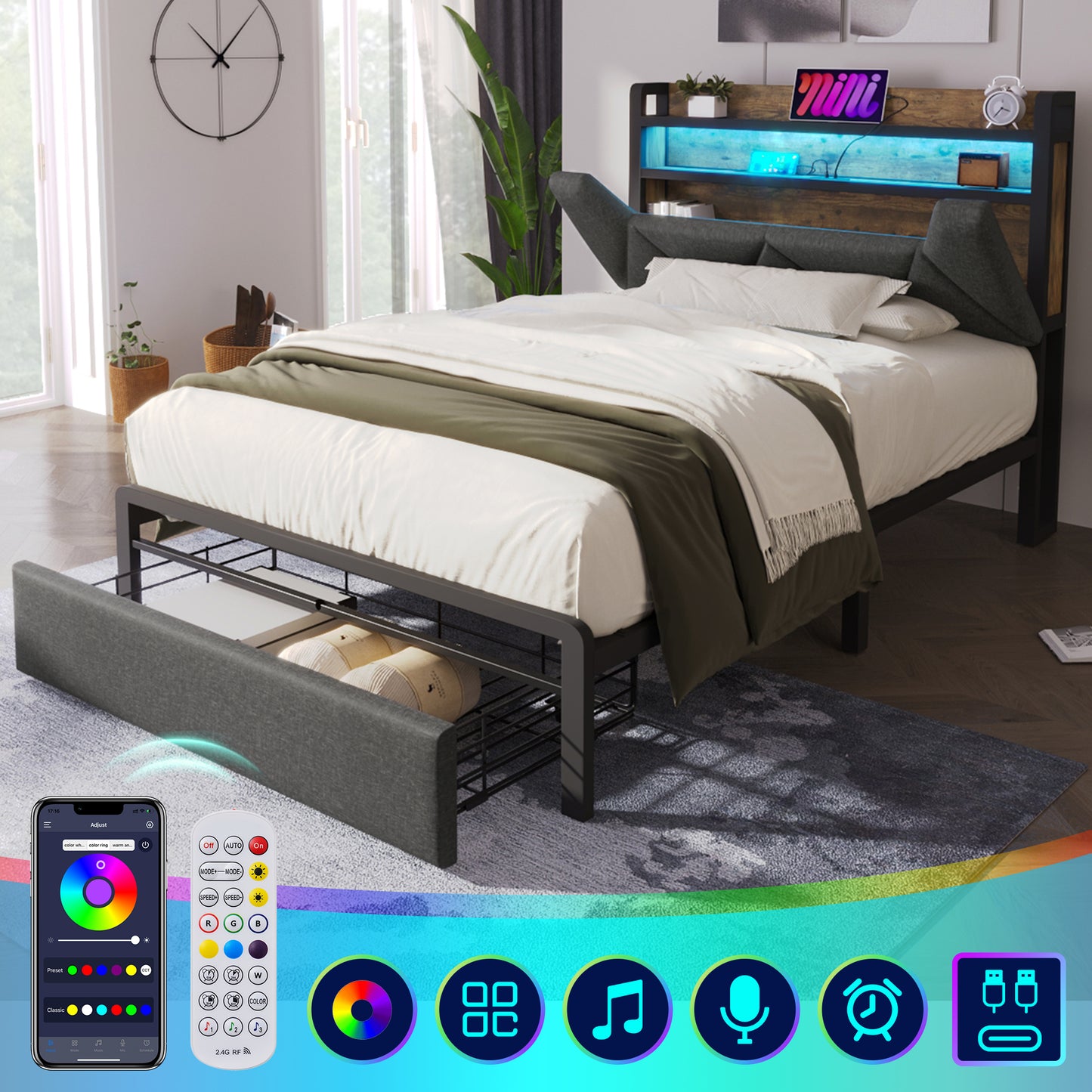 Upholstered Single Bed With LED Lighting, USB Type-C Charging Function, Storage Headboard And Drawers,  3ft Single Bed 90 X 190 Cm, Storage Bed Frame With Metal Slatted Frame,Linen, Grey