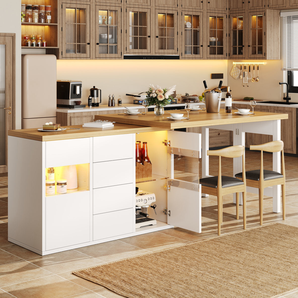 Extendable Sideboard & Dining Table Combo With LED Lights, Adjustable Dining Table With Storage, 4 Drawers & Glass Cabinet Doors, White