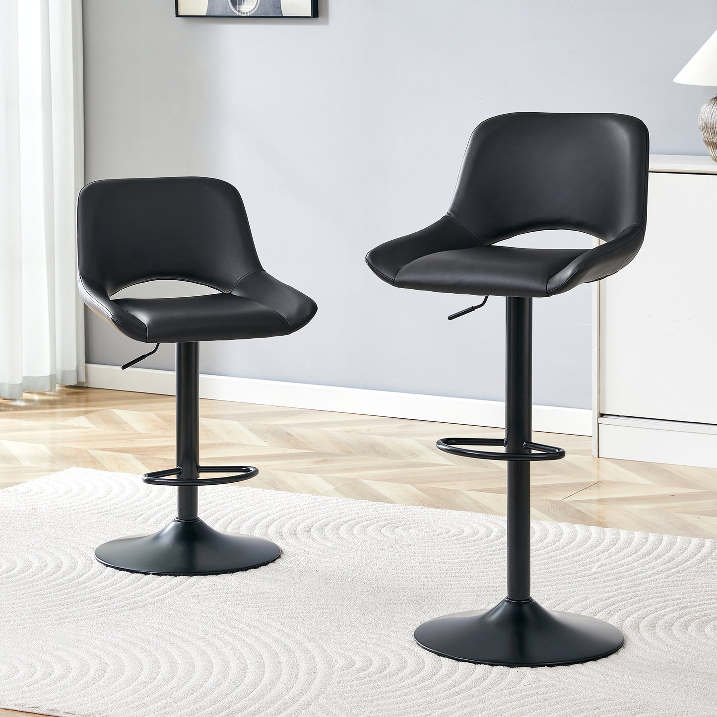Modern Swivel Adjustable Bar Stools Set - 2 Pack, Black PU Material, With Footrest, Holds Up To 250 Lbs, Suitable For Home Bars And Kitchen Islands .