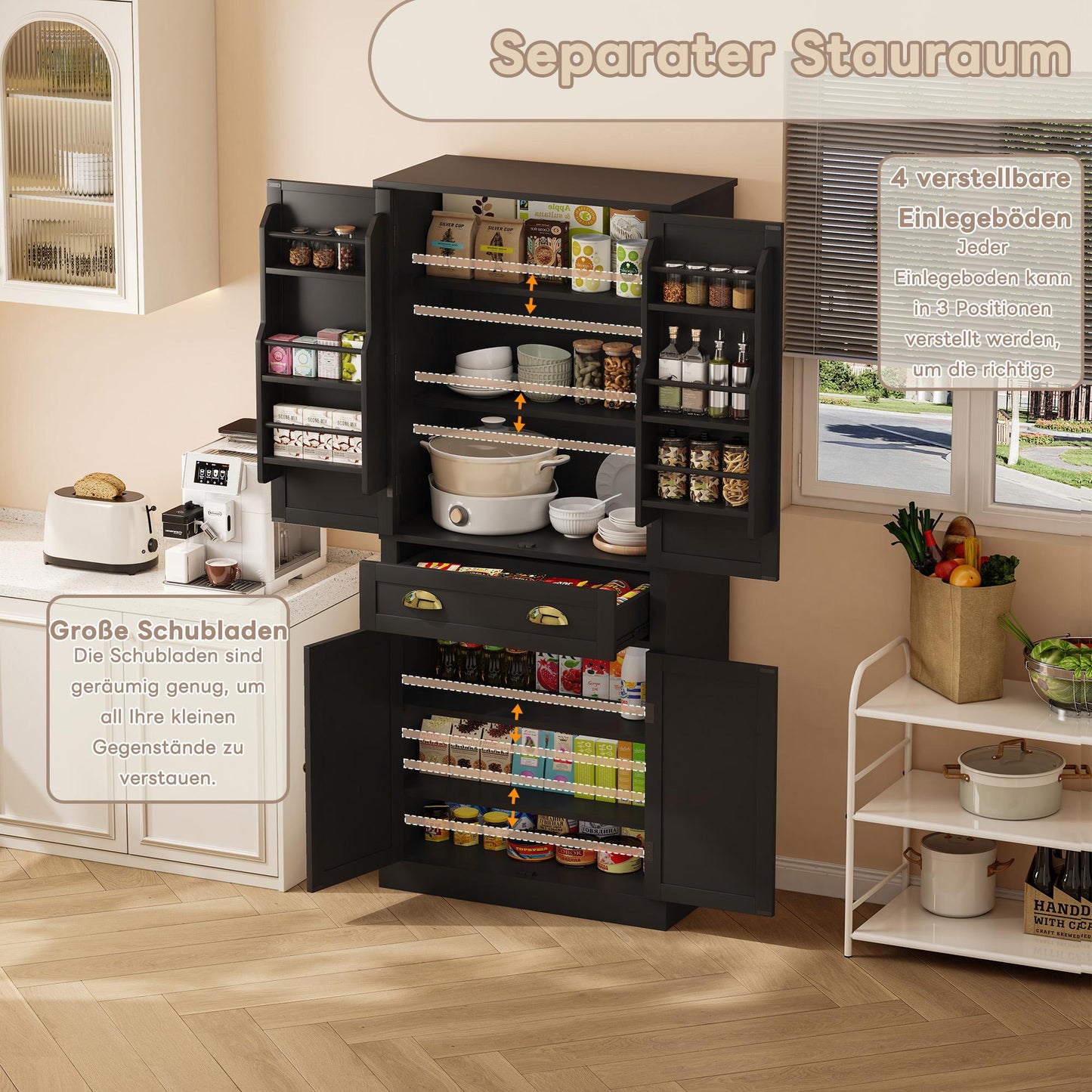 182 Cm Storage Cabinet, 4 Doors And 1 Drawer, 2 Doors With Shelves, 6 Storage Compartments And 4 Adjustable Shelves, Suitable For Kitchen, Dining Room And Living Room, Black