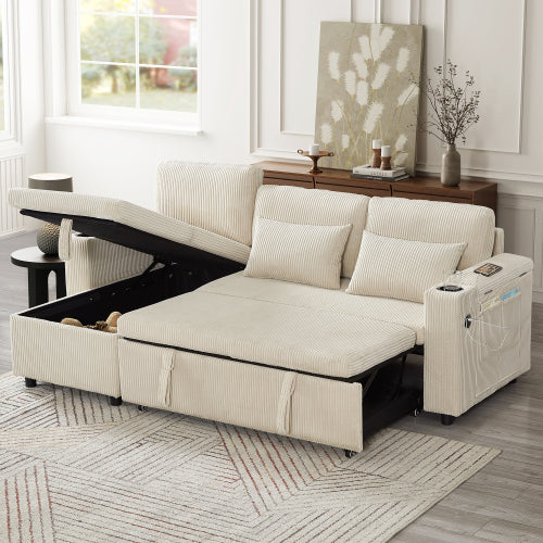 3 In 1 Convertible Corduroy Sofa Bed With Storage Chaise, L Shaped Sleeper Sofa Couches With Armrest Storage And Charging Station. Pullout Sectional Daybed For Living RoomBedroomOffice, Grey
