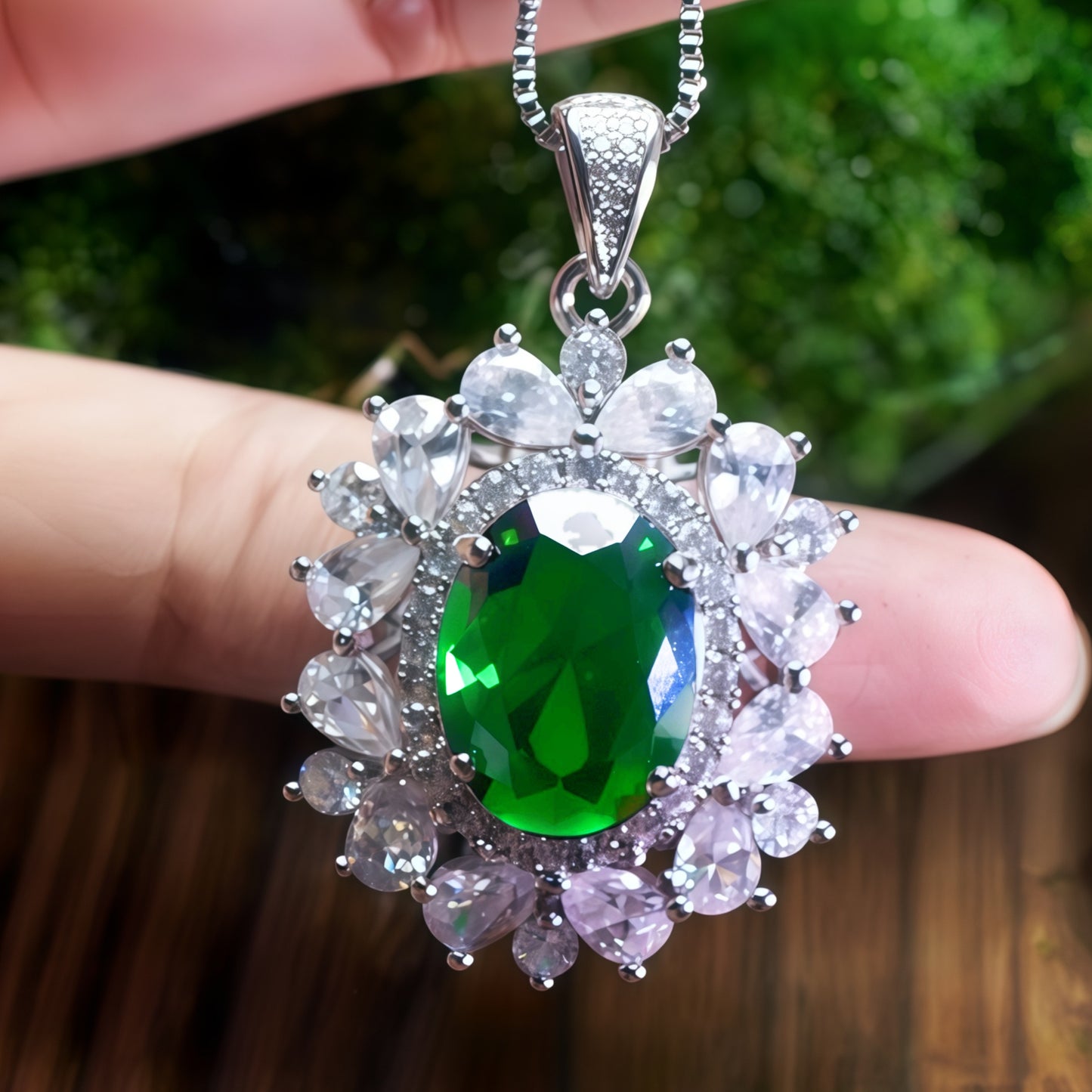 Luxury Sunburst Green Emerald Drop Necklace, Silver Plated Copper CZ Pendant For Anniversary & Formal Party Gifts