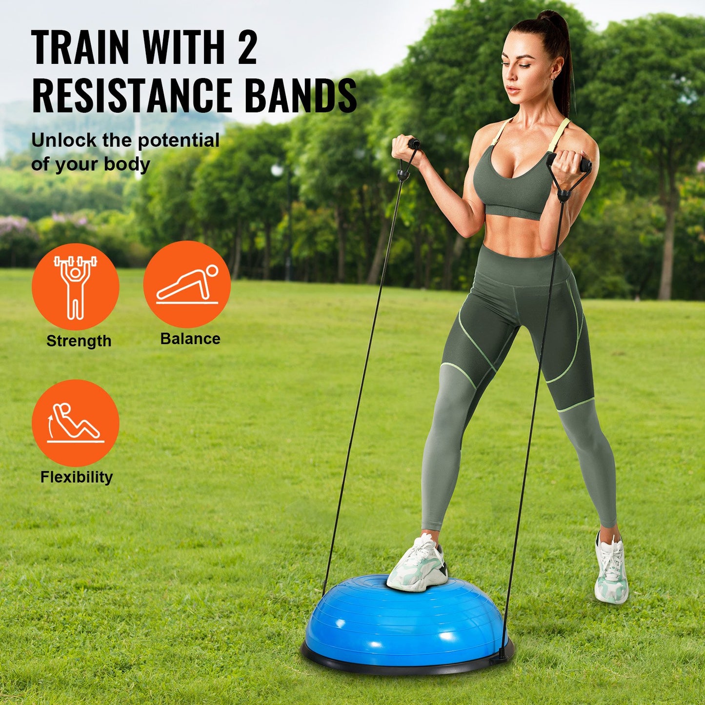 Half Exercise Ball Trainer, 23 Inch Balance Ball Trainer, 660lbs Capacity Stability Ball, Yoga Ball With Resistance Bands & Foot Pump, Strength Fitness Ball For Home Gym, Full Body Workout, Blue