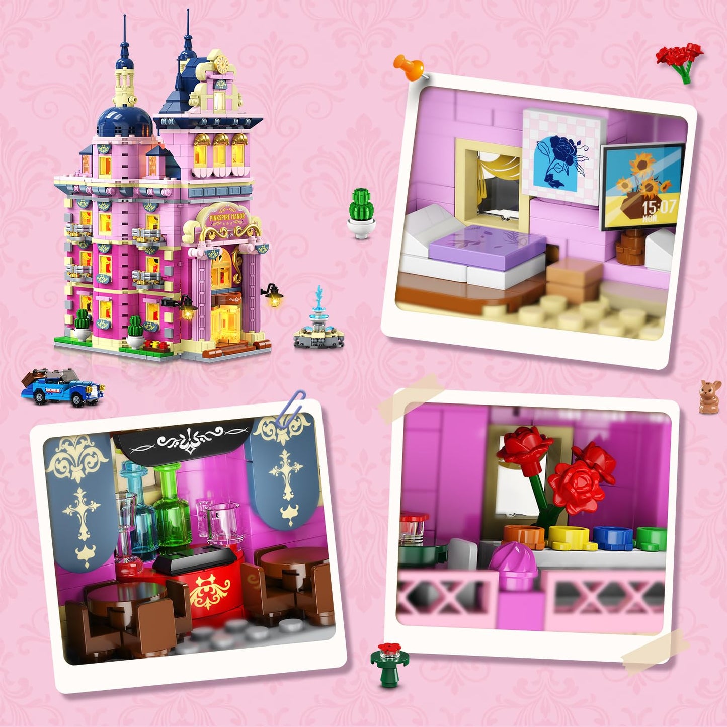 Estate House Building Set With Lights, 3 Style Pinkspire Construction Model With Car Fountain, 1815 PCS Villa Castle Building Block Kit Home Decor, Gift For Adults Boys Girls