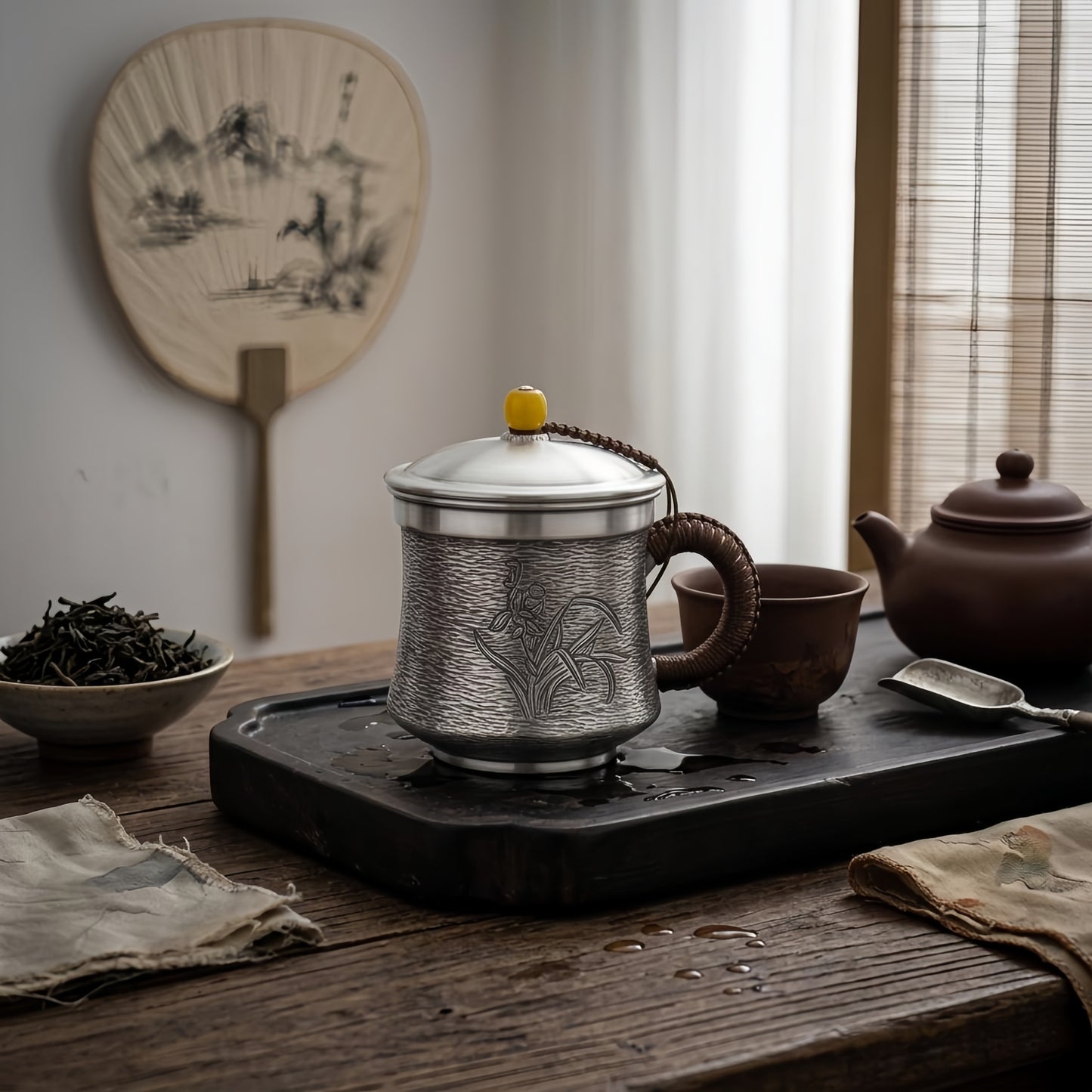 925 Sterling Silver Handcrafted  Teacup with Woven Handle and Elegant Orchid Design-Premium Tea Mug - Handicraft