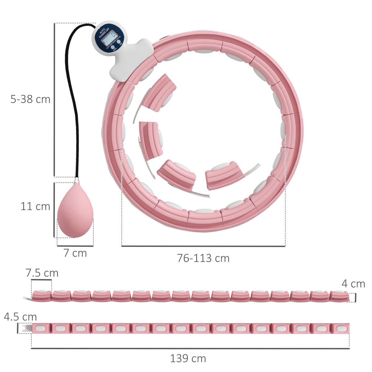 SPORTNOW Smart Weighted Hula Hoop, Massage Hula Ring W/ 16 Detachable Knots, 360° Auto-Rotating Ball, Digital Counter, Pink
