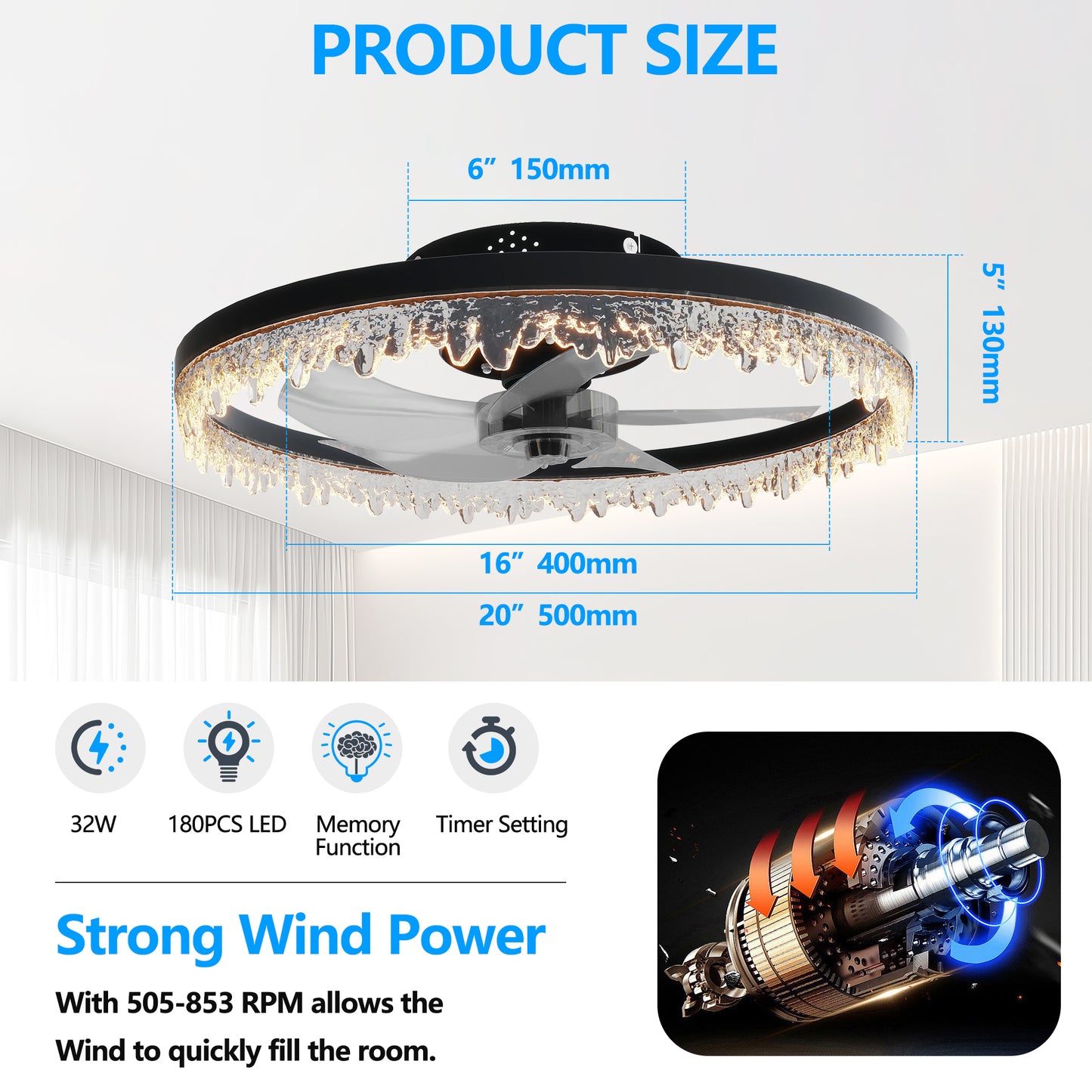 Smart Flush Mount Ceiling Fan With Light-20-inch Integrated LED Chandelier With 5 Invisible Blades, Remote Control & Timer, Dimmable Lighting, Ultra-Quiet Operation For Bedroom, Living Room, And Din