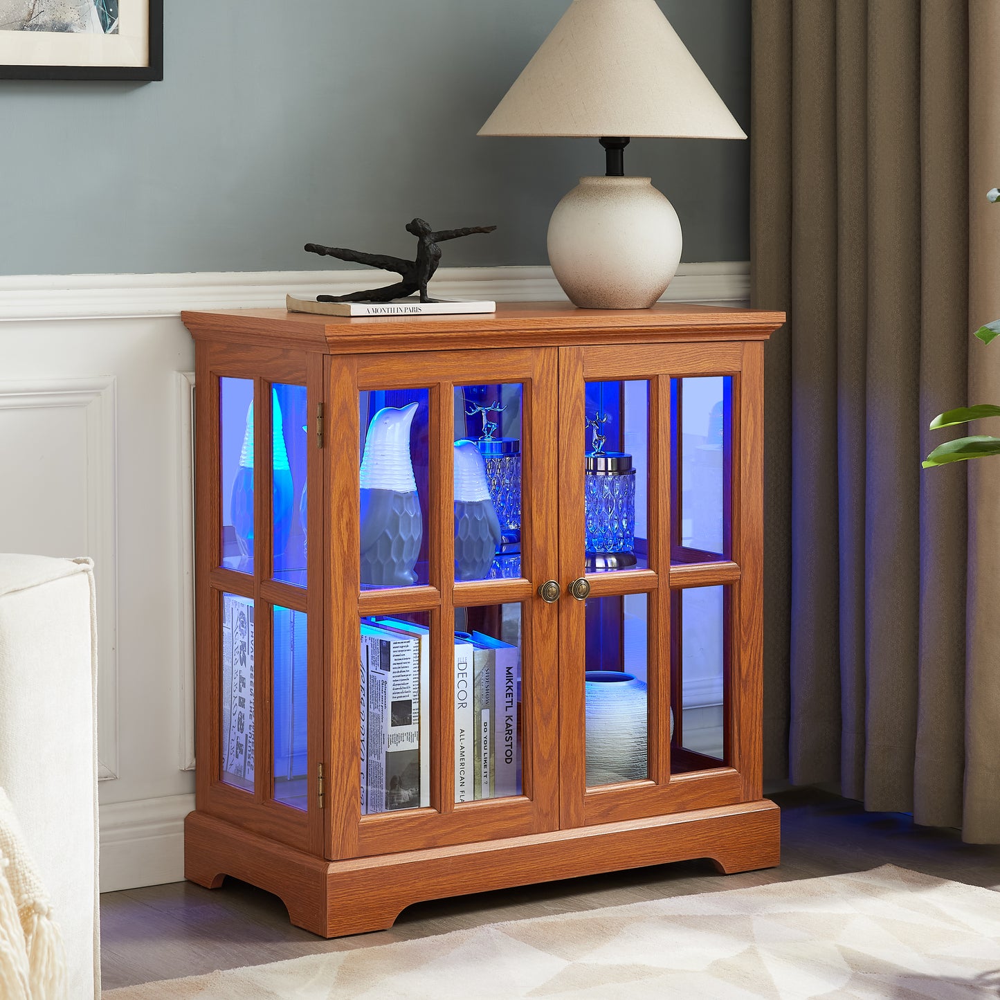 LED Curio Display Cabinet,Antique Display Cabinet With Adjustable Shelves,Retro Design Quality Showcase With Lattice Doors Elegant Bookcase And Storage Cabinet For Home Decor And Organization DARK OAK
