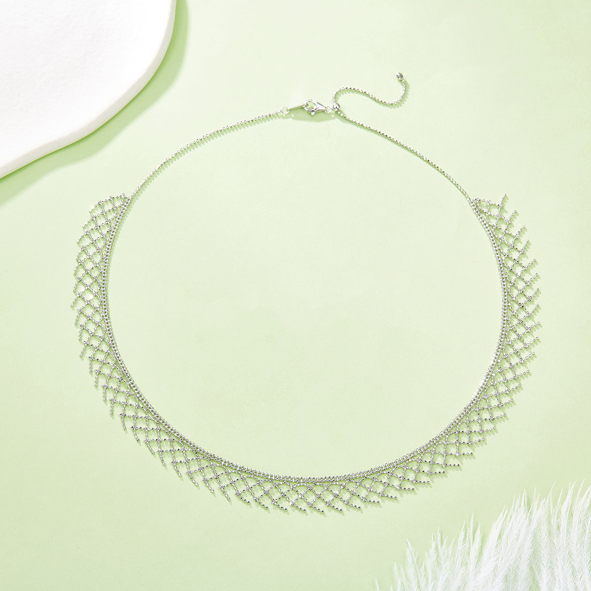 S925 Sterling Silver Mesh Tassel Necklace 45cm Adjustable 4.7g 10.5mm Wide Platinum Plated 3 Colors Gift Box