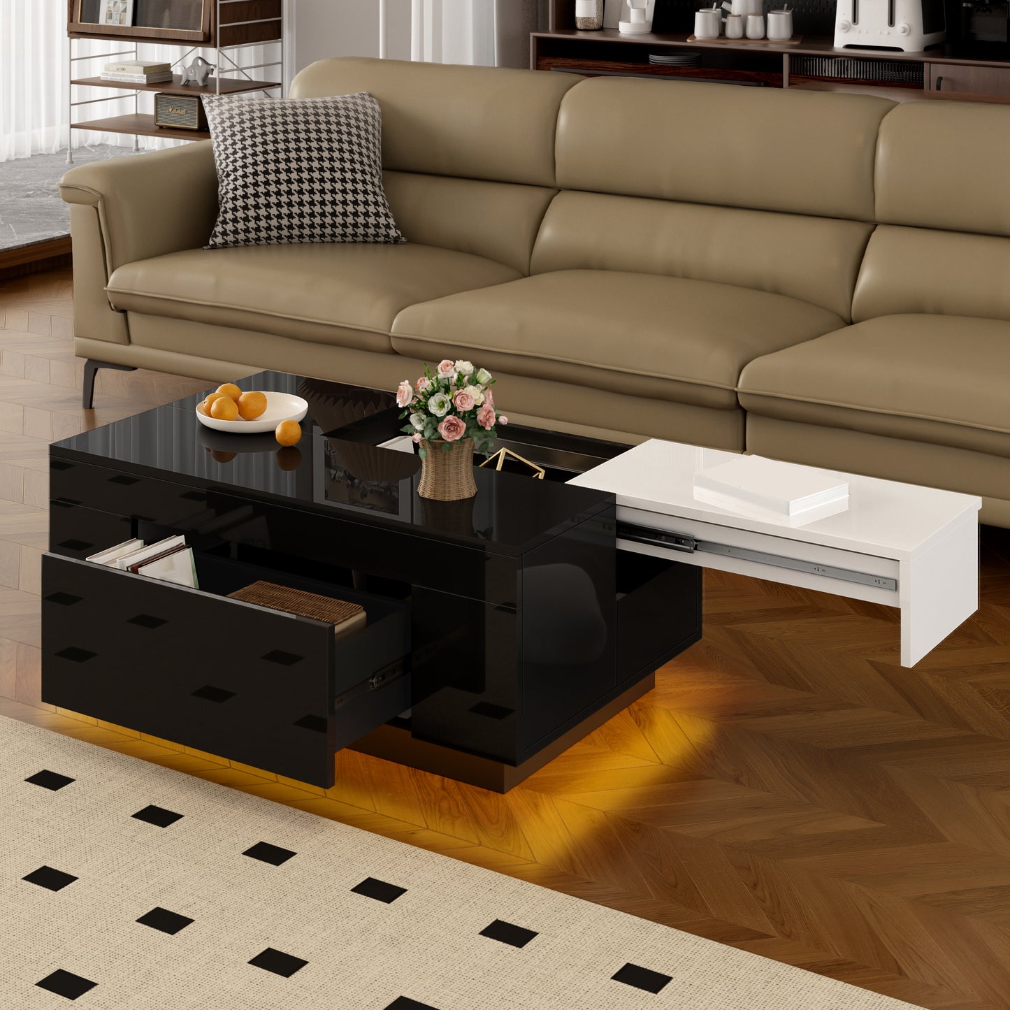 High-gloss Coffee Table With LED Lighting, Extendable Black And White Tabletop, Hidden Storage And 16-colour Adjustable Light Strip - The Ideal Choice For A Stylish Living Room