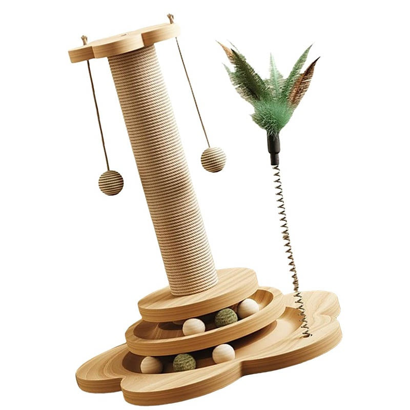 Pet Cat Toy Solid Wood Cat Turntable Funny Cat Stick Balls Durable Sisal Scratch